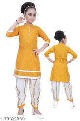 Cute stylish cotton Kurta Sets for girls, dyed/washed A-line style with three-quarter sleeves, ethnic Indian dhoti pants, 5-6 years size